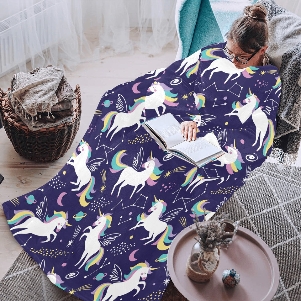 Hand drawn cute unicorn star planet Blanket Robe with Sleeves