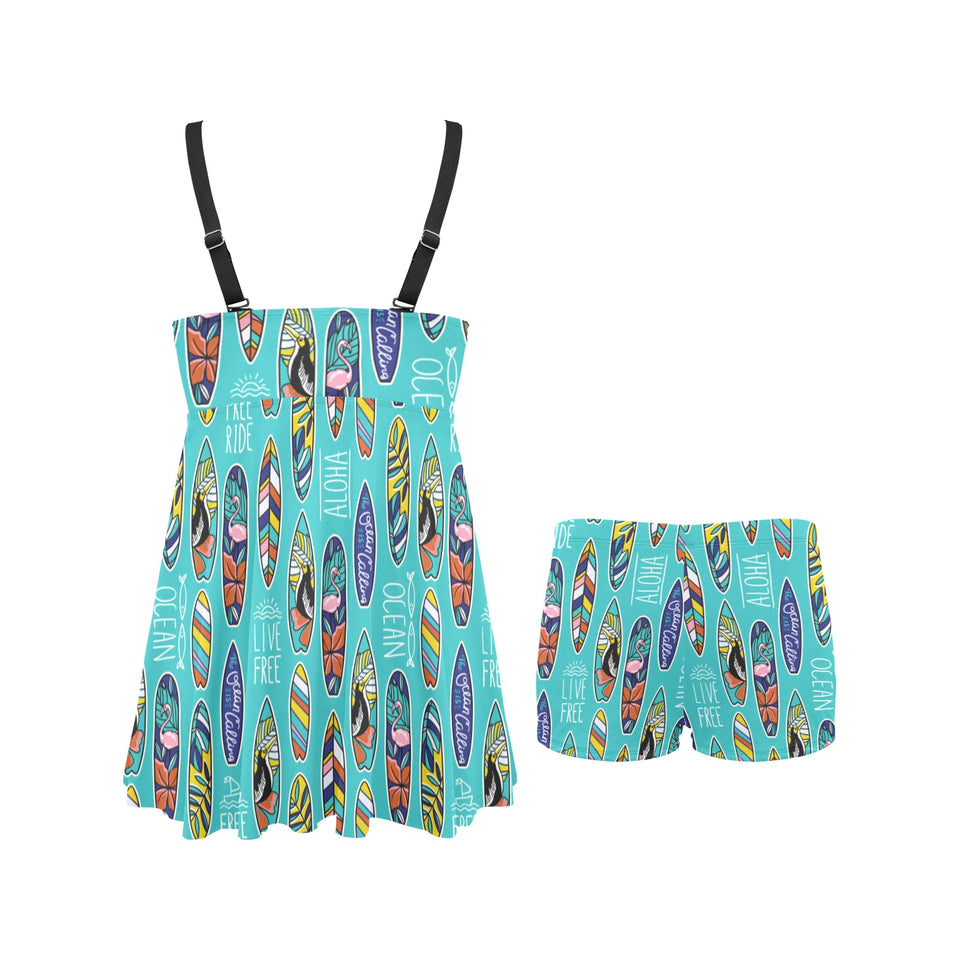 Surfboard Pattern Print Design 05 Chest Sexy Pleated Two Piece Swim Dress