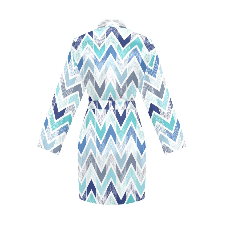 zigzag chevron blue pattern Women's Long Sleeve Belted Night Robe