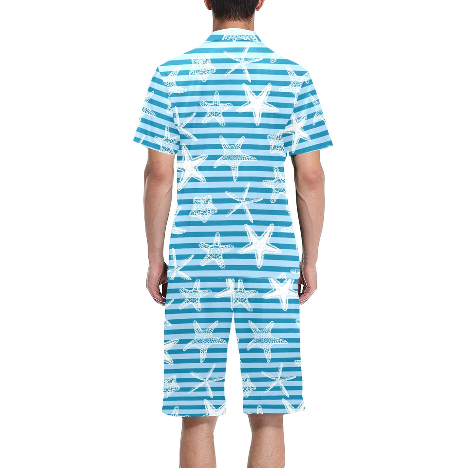 Starfish blue blackground Men's V-Neck Short Pajama Set