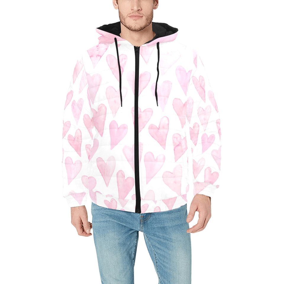 Watercolor pink heart pattern Men's Padded Hooded Jacket