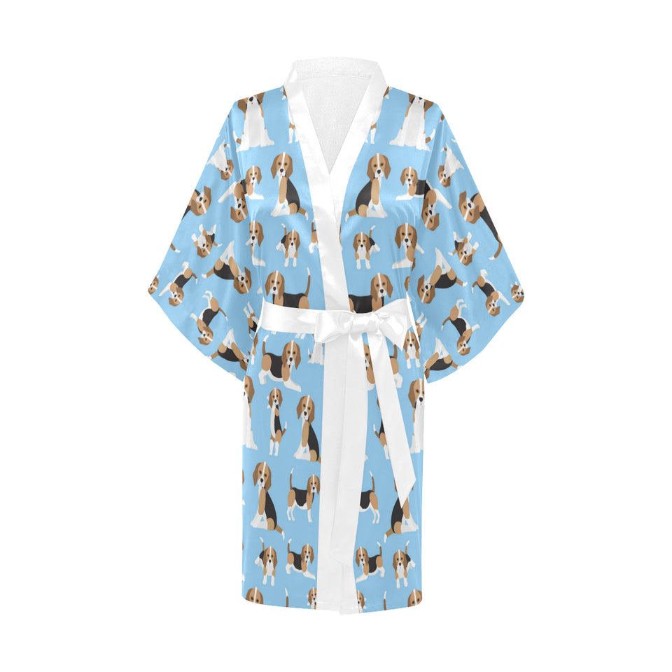 Beagle dog blue background pattern Women's Short Kimono Robe