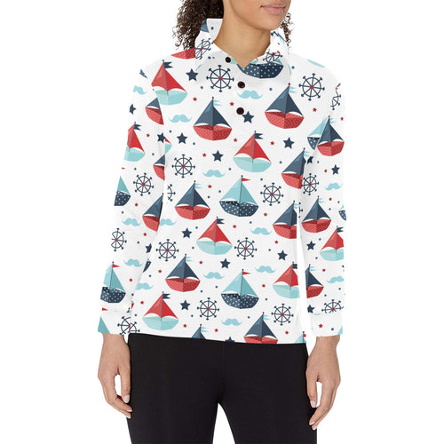 Cute color paper sailboat pattern Women's Long Sleeve Polo Shirt
