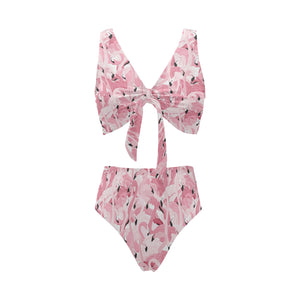 Pink flamingos pattern background Chest Bowknot High Waisted Bikini Swimsuit