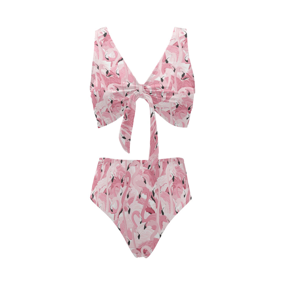 Pink flamingos pattern background Chest Bowknot High Waisted Bikini Swimsuit