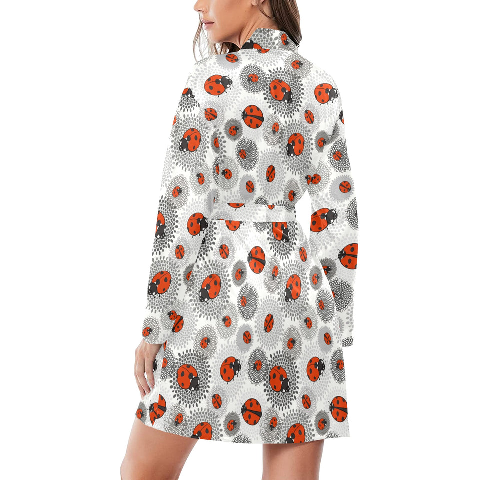 Ladybug Pattern Print Design 05 Women's Long Sleeve Belted Night Robe