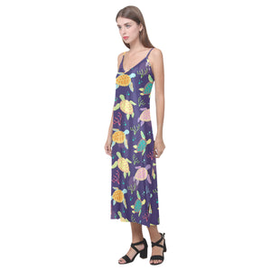 Colorful sea turtle pattern V-Neck Open Fork Long Dress