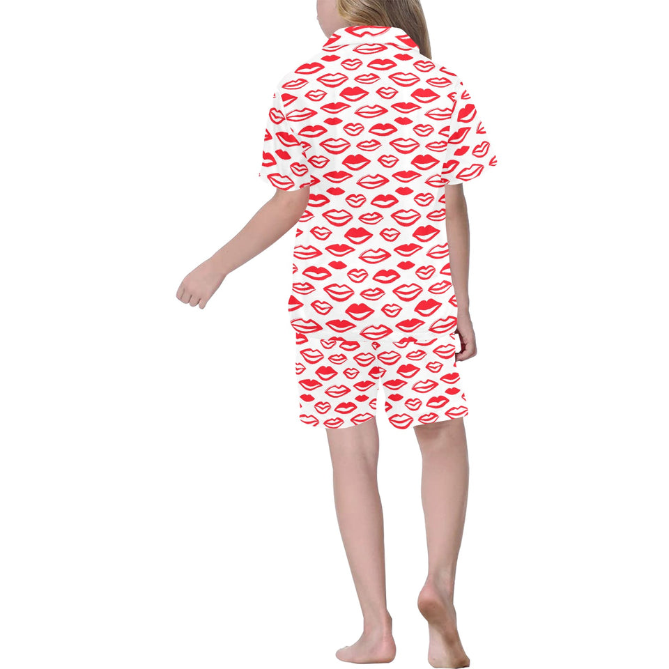 Lips Pattern Print Design 05 Kids' Boys' Girls' V-Neck Short Pajama Set