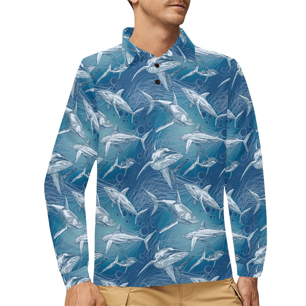 Shark hand drawn Men's Long Sleeve Polo Shirt