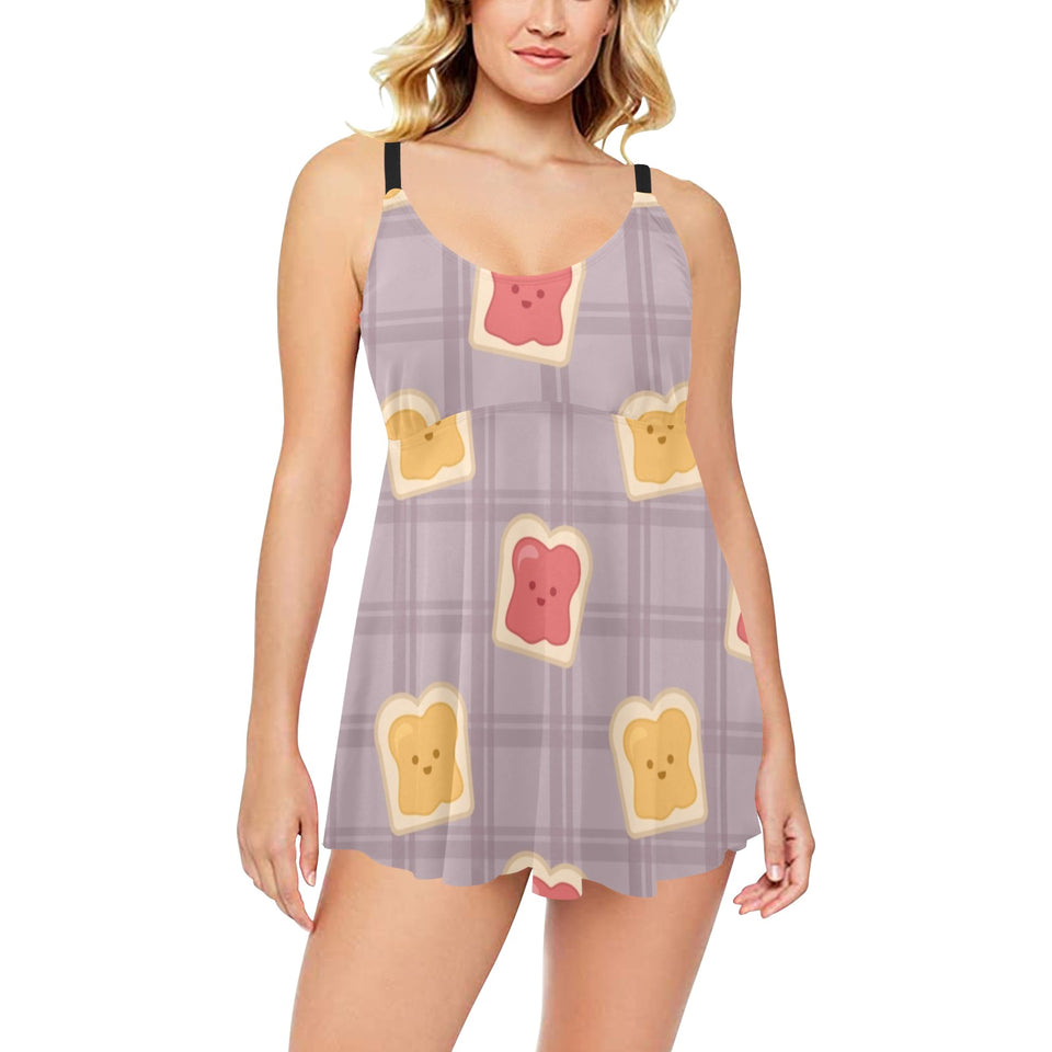 Bread Toast Pattern Print Design 05 Chest Sexy Pleated Two Piece Swim Dress