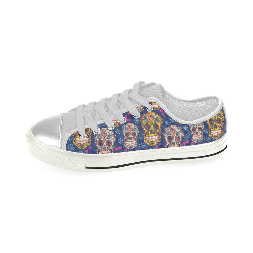 Sugar skull flower pattern Women's Low Top Canvas Shoes White
