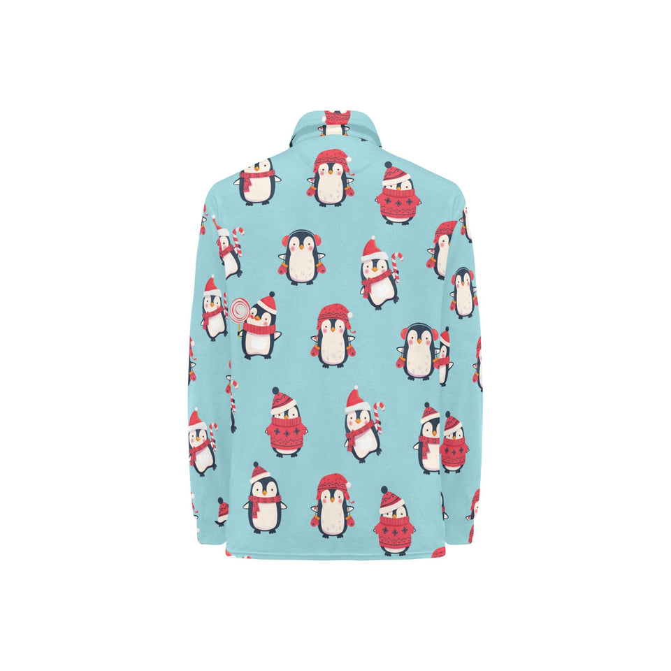 Cute penguin christmas design pattern Women's Long Sleeve Polo Shirt