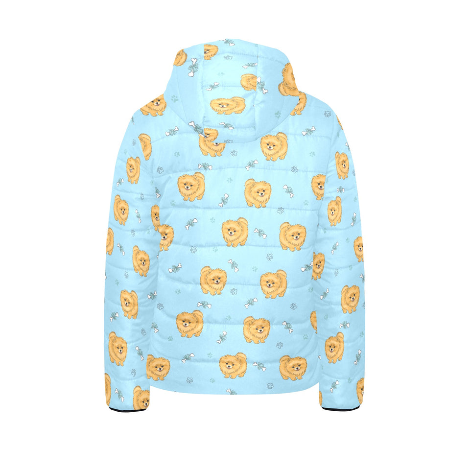 Brown cute pomeranian blue blackground Kids' Boys' Girls' Padded Hooded Jacket