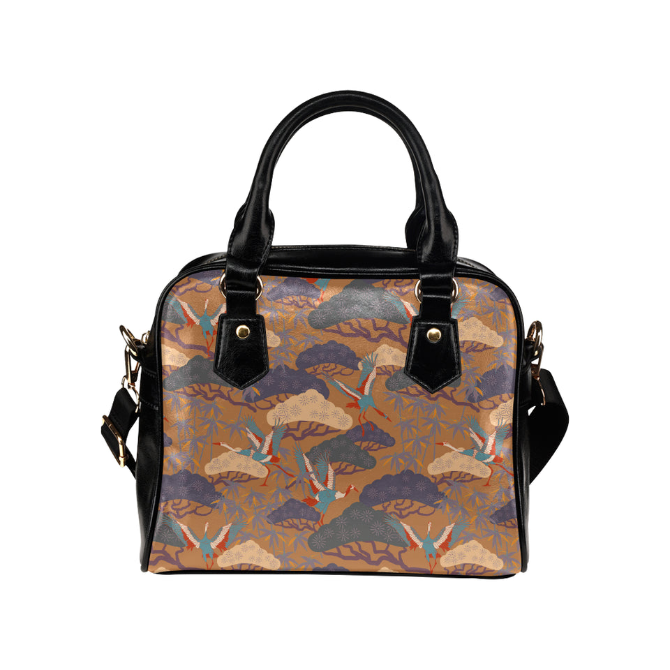 Bonsai bamboo stork japanese pattern brown theme Shoulder Handbag
