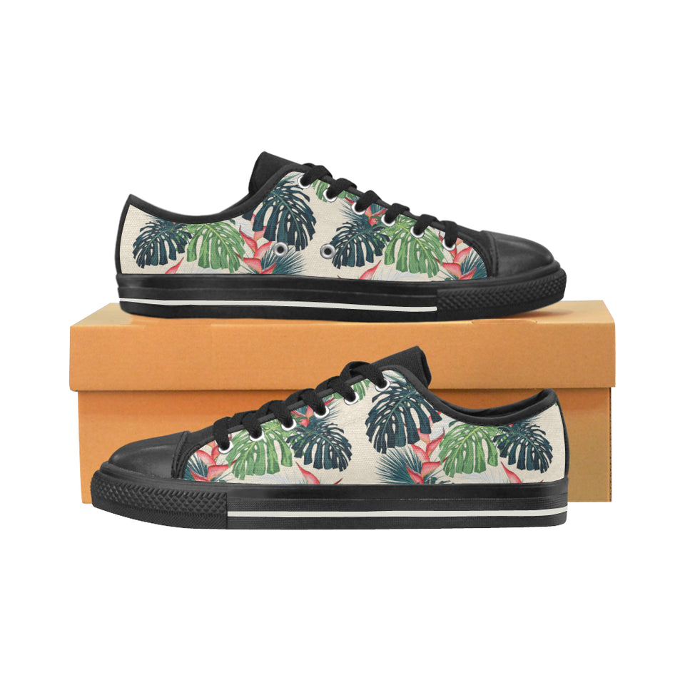 heliconia flowers, palm and monstera leaves Men's Low Top Canvas Shoes Black