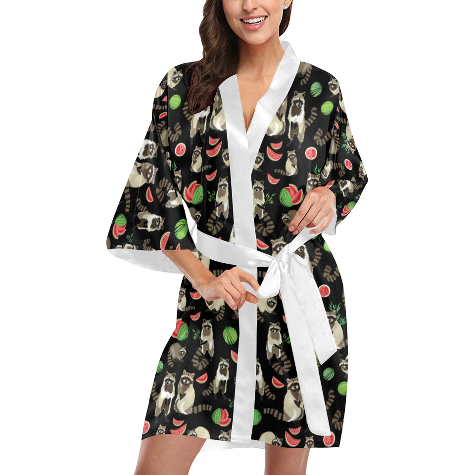 Raccoon watermelon pattern Women's Short Kimono Robe
