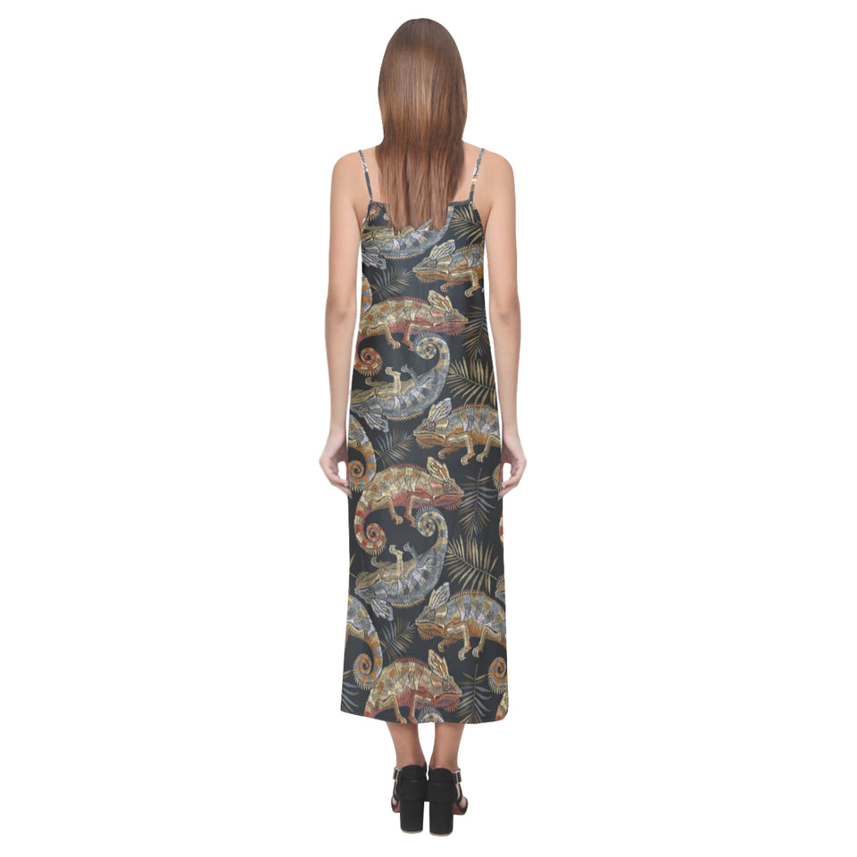 Chameleon lizard tropical leaves palm tree V-Neck Open Fork Long Dress