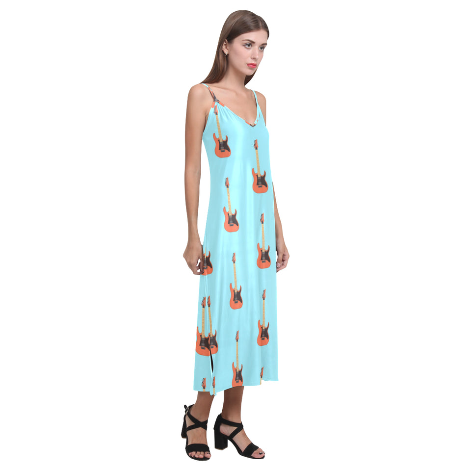 electric guitar pattern light blue background V-Neck Open Fork Long Dress
