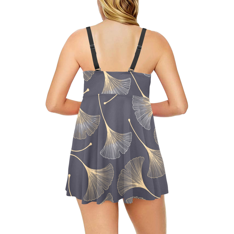 Gold ginkgo leaves Chest Sexy Pleated Two Piece Swim Dress