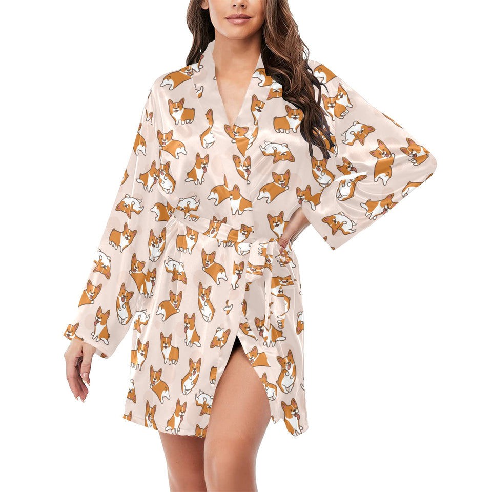 Cute Corgis Pattern pink background Women's Long Sleeve Belted Night Robe