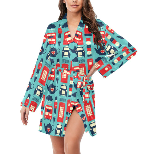 British Pattern Print Design 04 Women's Long Sleeve Belted Night Robe
