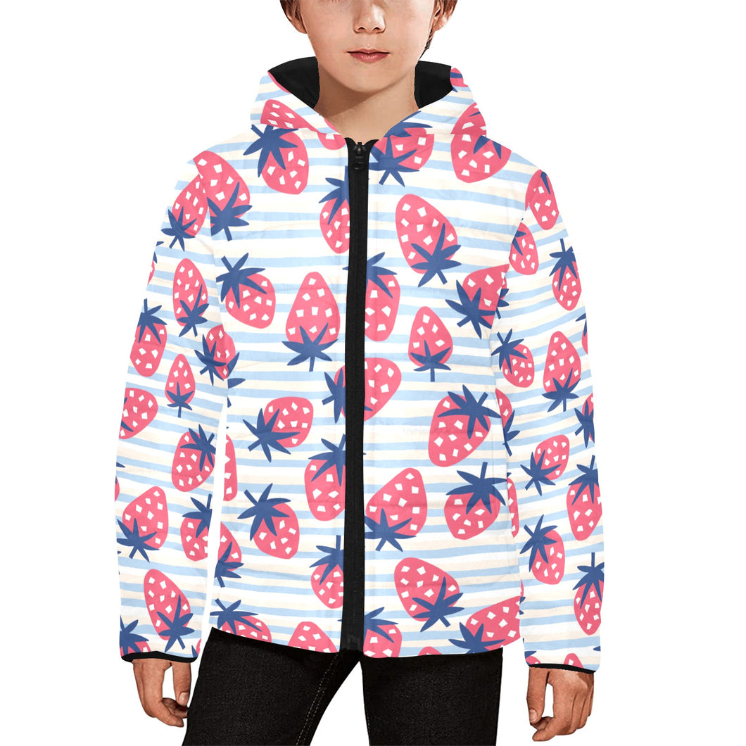 Strawberry pattern blue lines background Kids' Boys' Girls' Padded Hooded Jacket