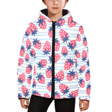 Strawberry pattern blue lines background Kids' Boys' Girls' Padded Hooded Jacket