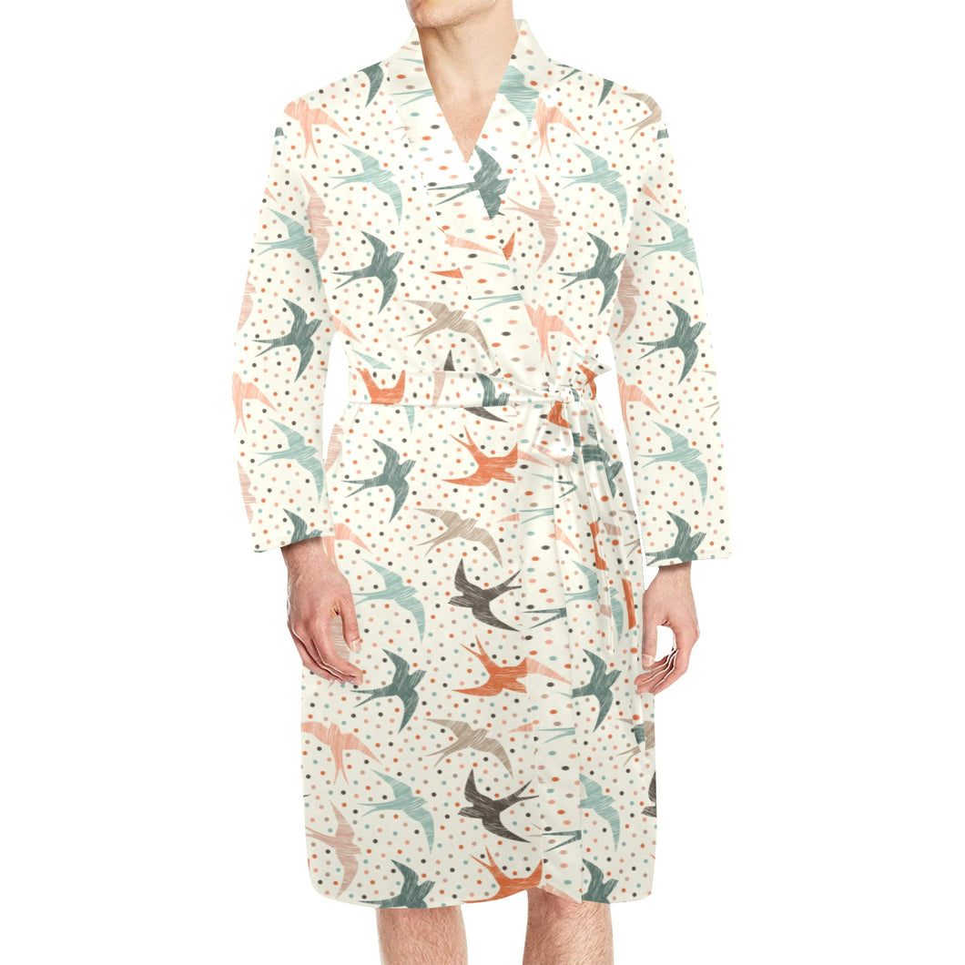 Swallow Pattern Print Design 02 Men's Long Sleeve Belted Night Robe
