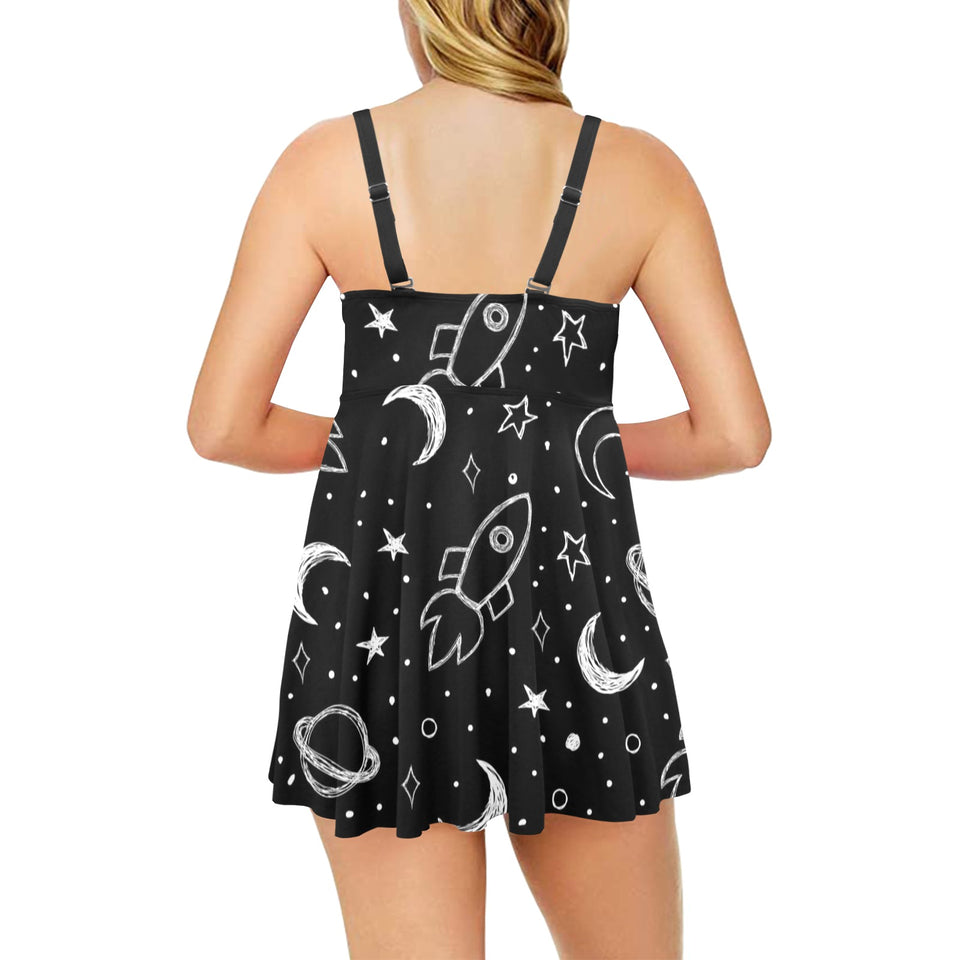 Hand drawn space rocket star planet Chest Sexy Pleated Two Piece Swim Dress