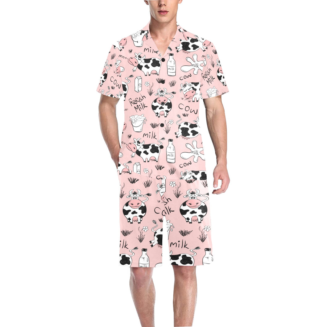 Cows milk product pink background Men's V-Neck Short Pajama Set