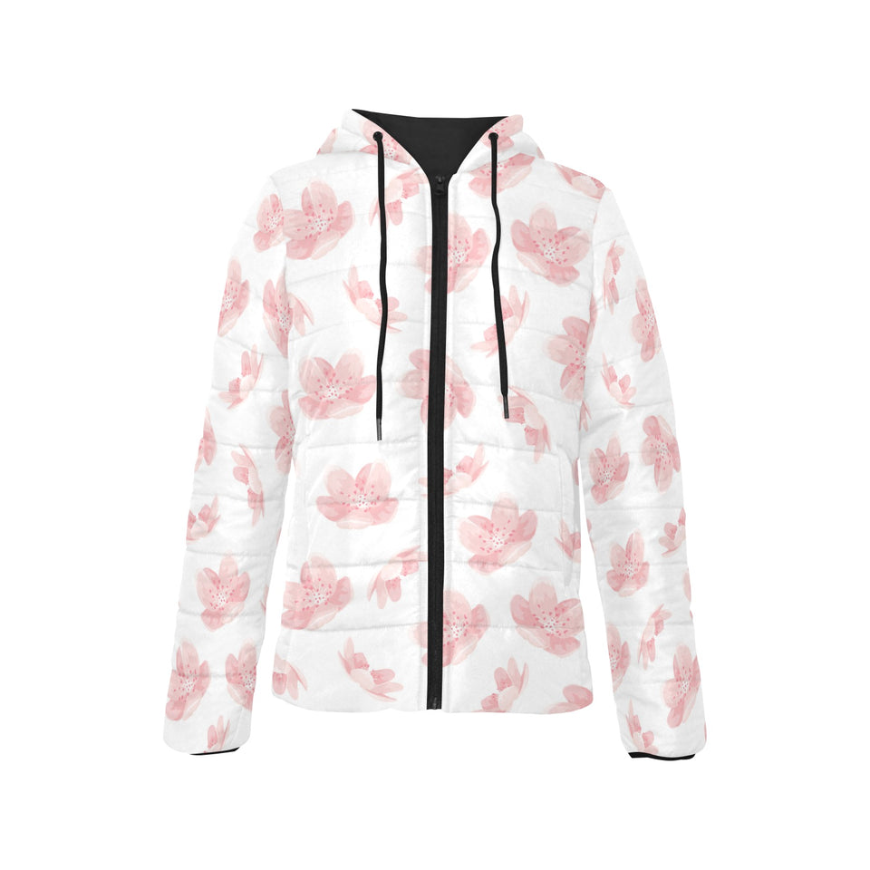 Pink sakura cherry blossom pattern Women's Padded Hooded Jacket