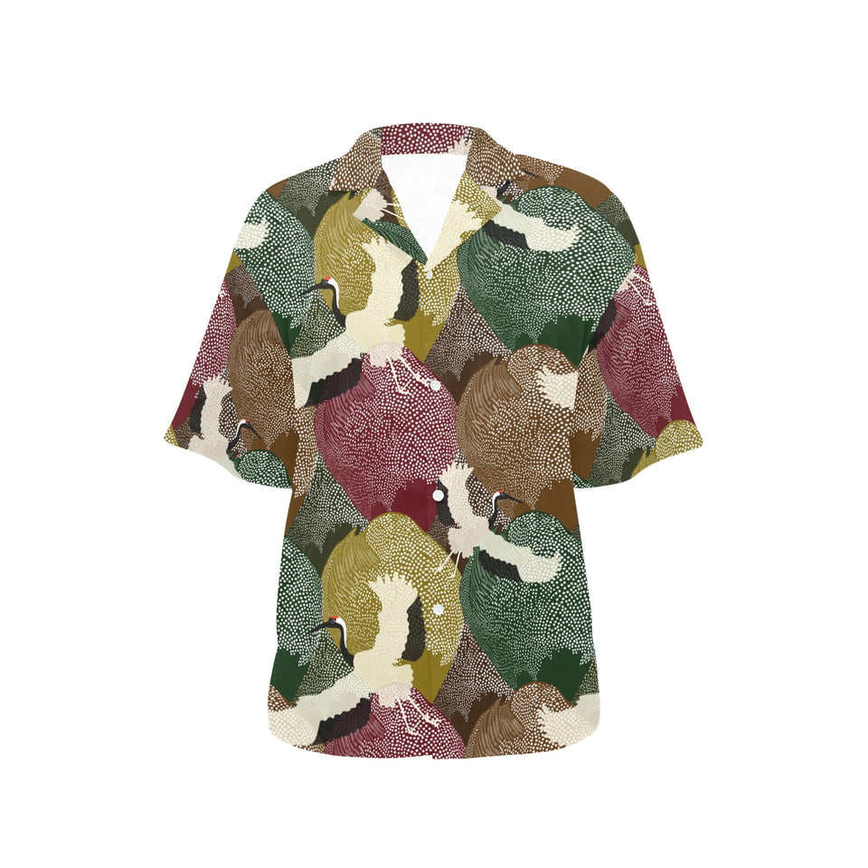 Japanese cranes flying forest dot pattern Women's All Over Print Hawaiian Shirt