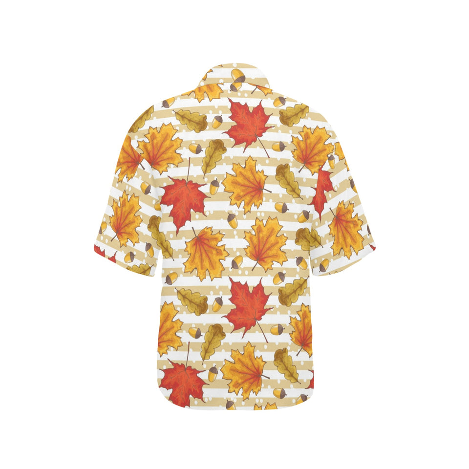 Maple leaf oak leaf acorns beige striped backgroun Women's All Over Print Hawaiian Shirt