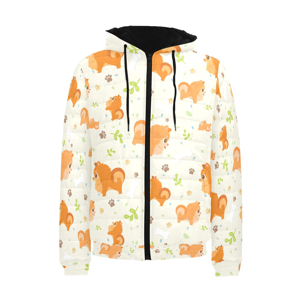 Cute brown pomeranian paw leave bone pattern Men's Padded Hooded Jacket