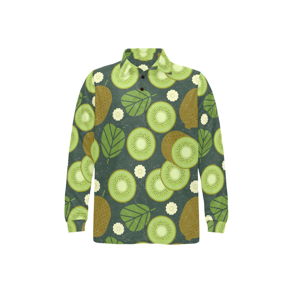 Whole sliced kiwi leave and flower Men's Long Sleeve Polo Shirt