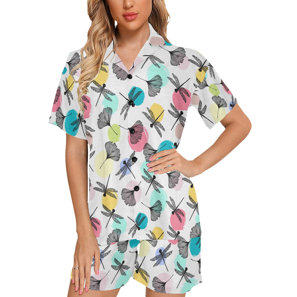 Dragonflies ginkgo leaves pattern Women's V-Neck Short Pajama Set
