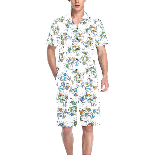 Peacock feather pattern Men's V-Neck Short Pajama Set
