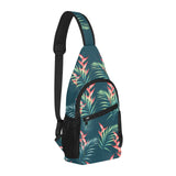 heliconia flowers, palm and monstera leaves on bla All Over Print Chest Bag