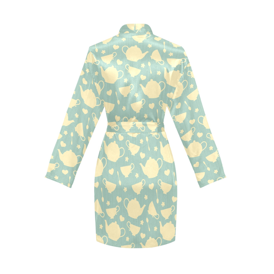 Tea pots Pattern Print Design 02 Women's Long Sleeve Belted Night Robe