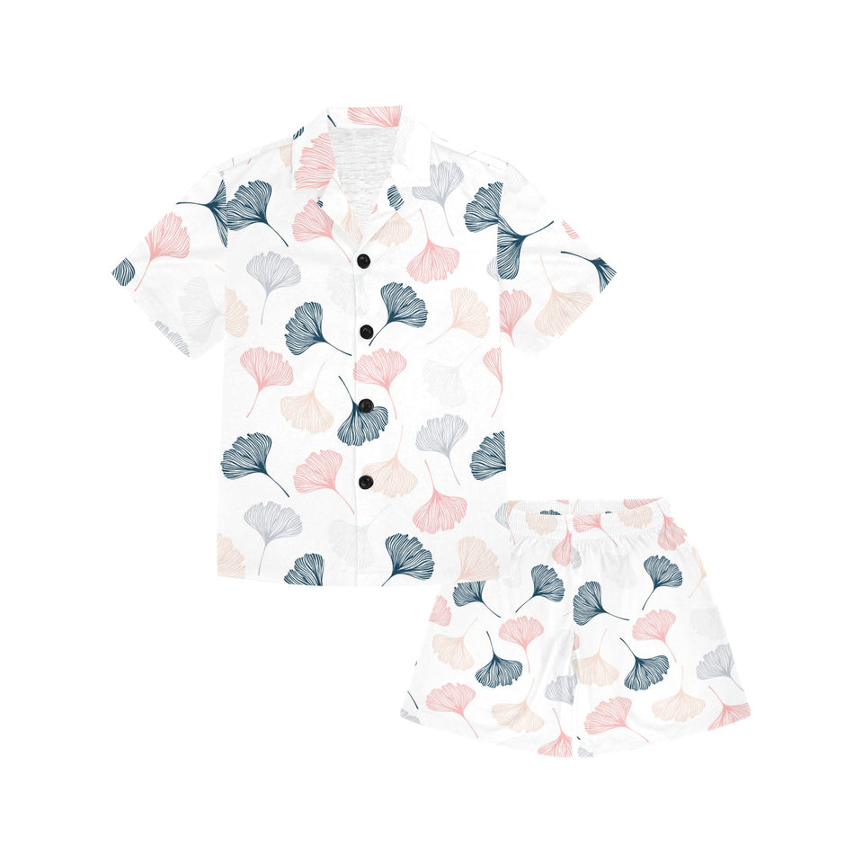 Black Gray Cream coral ginkgo leaves pattern Kids' Boys' Girls' V-Neck Short Pajama Set