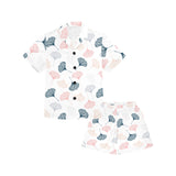 Black Gray Cream coral ginkgo leaves pattern Kids' Boys' Girls' V-Neck Short Pajama Set