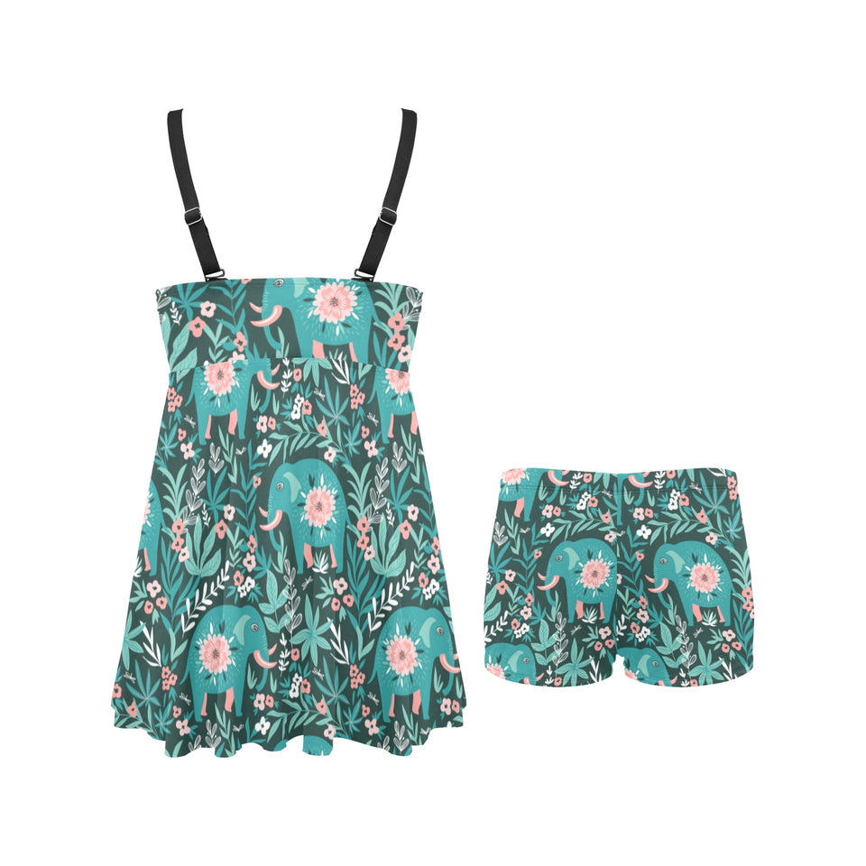 Elephants jungle pattern Chest Sexy Pleated Two Piece Swim Dress