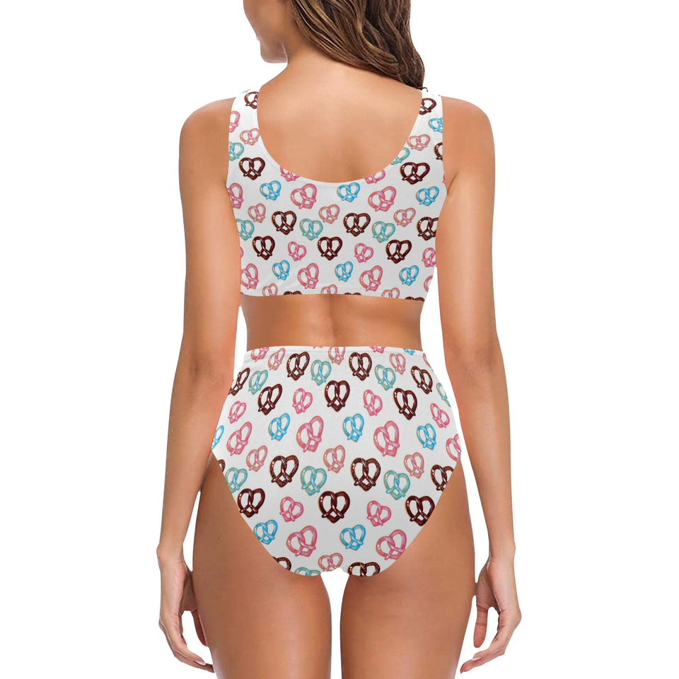 Pretzels Pattern Print Design 04 Chest Bowknot High Waisted Bikini Swimsuit