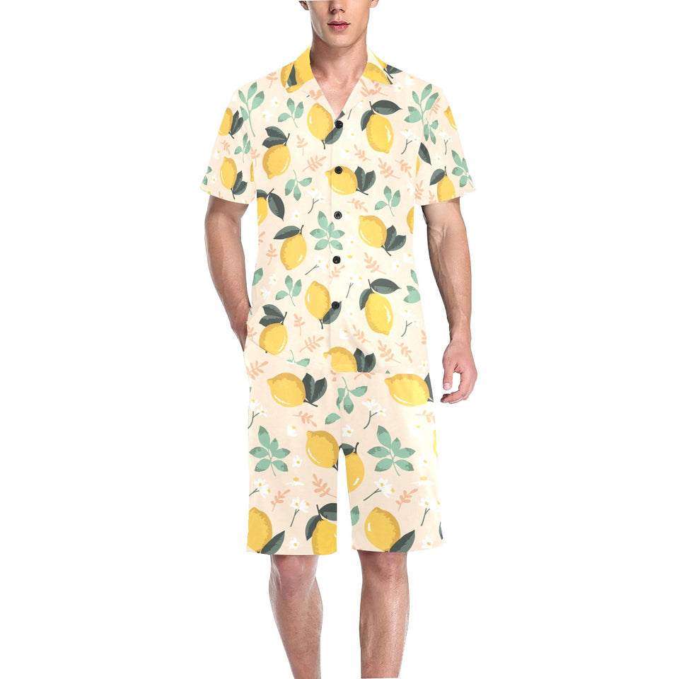 lemon flower leave pattern Men's V-Neck Short Pajama Set