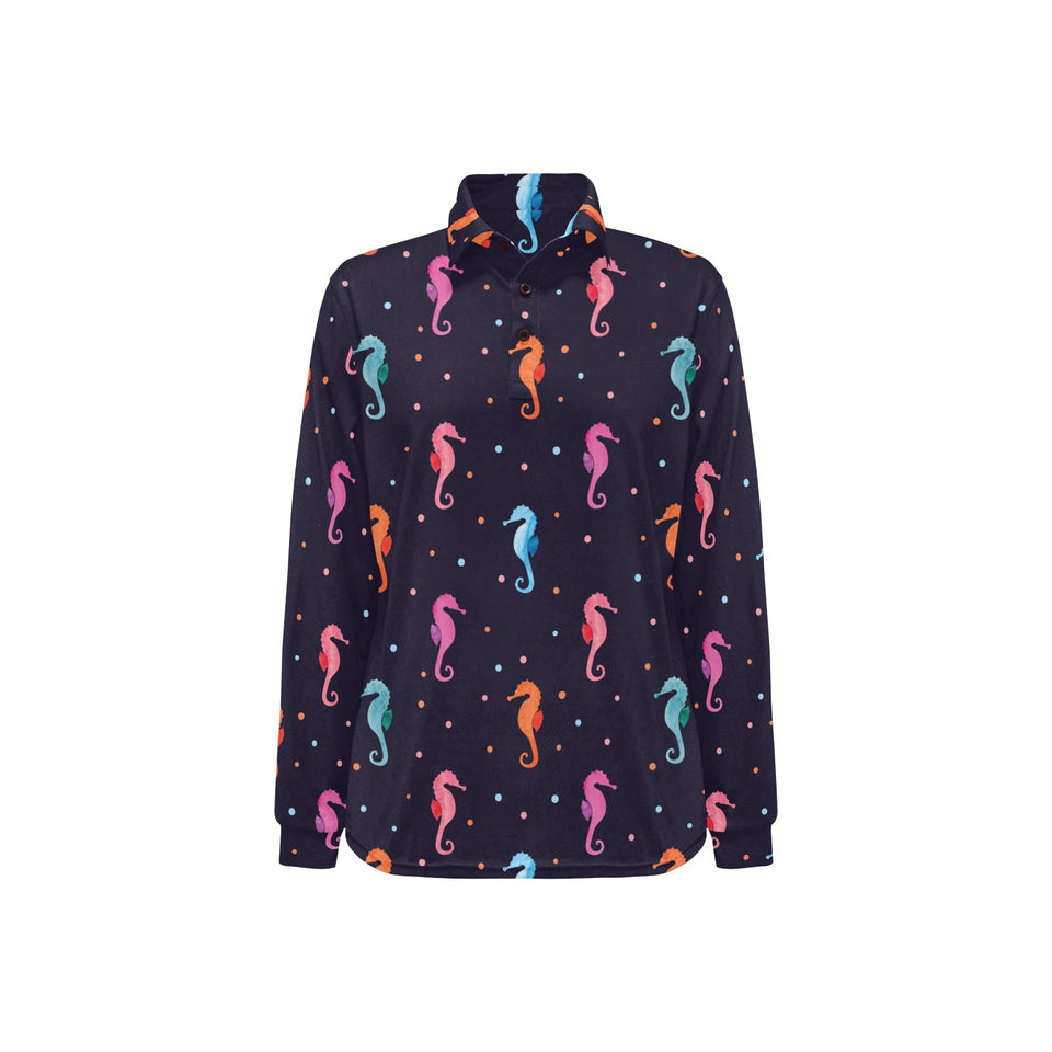 Watercolor colorful seahorse pattern Women's Long Sleeve Polo Shirt