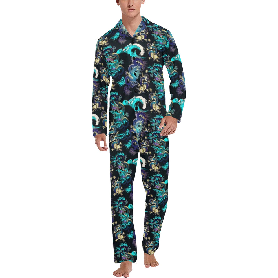 Dragon sea wave pattern Men's Long Pajama Set