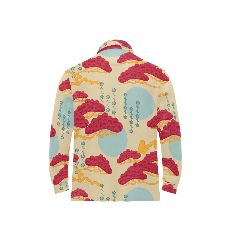 Red Bonsai gray sun japanese pattern Men's Long Sleeve Polo Shirt