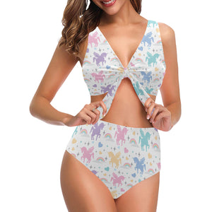 colorful unicorn rainbow heart pattern Chest Bowknot High Waisted Bikini Swimsuit