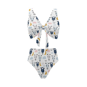 Cute sleeping sheep moon cloud pattern Chest Bowknot High Waisted Bikini Swimsuit