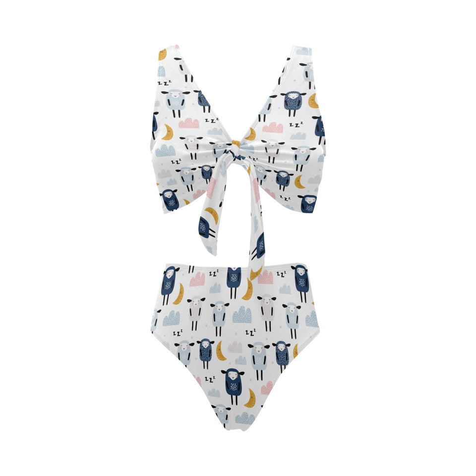 Cute sleeping sheep moon cloud pattern Chest Bowknot High Waisted Bikini Swimsuit